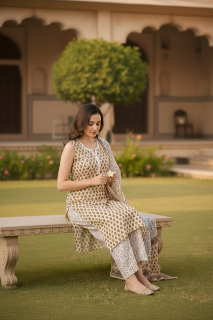 Beige Printed Sleeveless Kurta Set with Dupatta