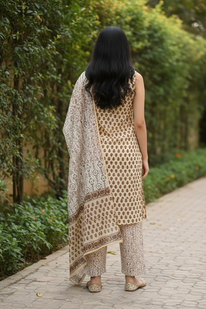 Beige Printed Sleeveless Kurta Set with Dupatta