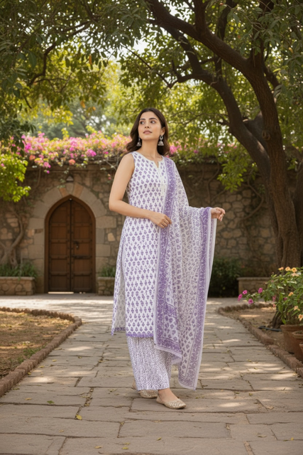 Lavender Printed Sleeveless Kurta Set with Dupatta
