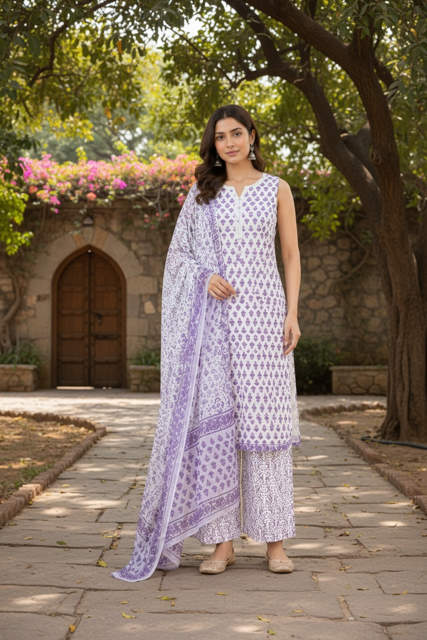 Lavender Printed Sleeveless Kurta Set with Dupatta