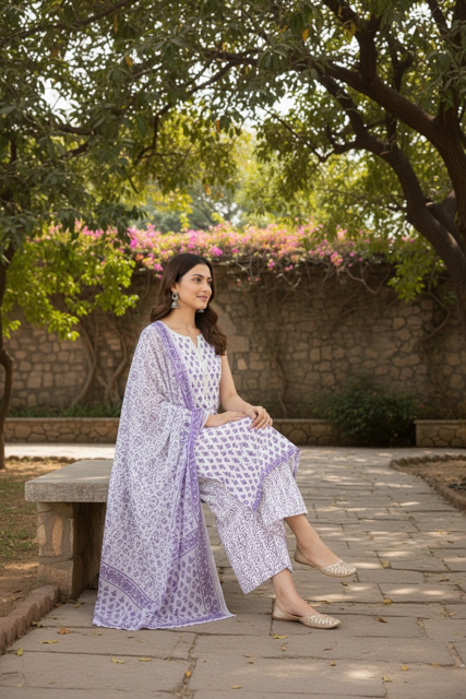 Lavender Printed Sleeveless Kurta Set with Dupatta