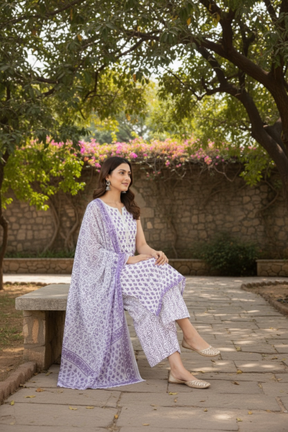 Lavender Printed Sleeveless Kurta Set with Dupatta