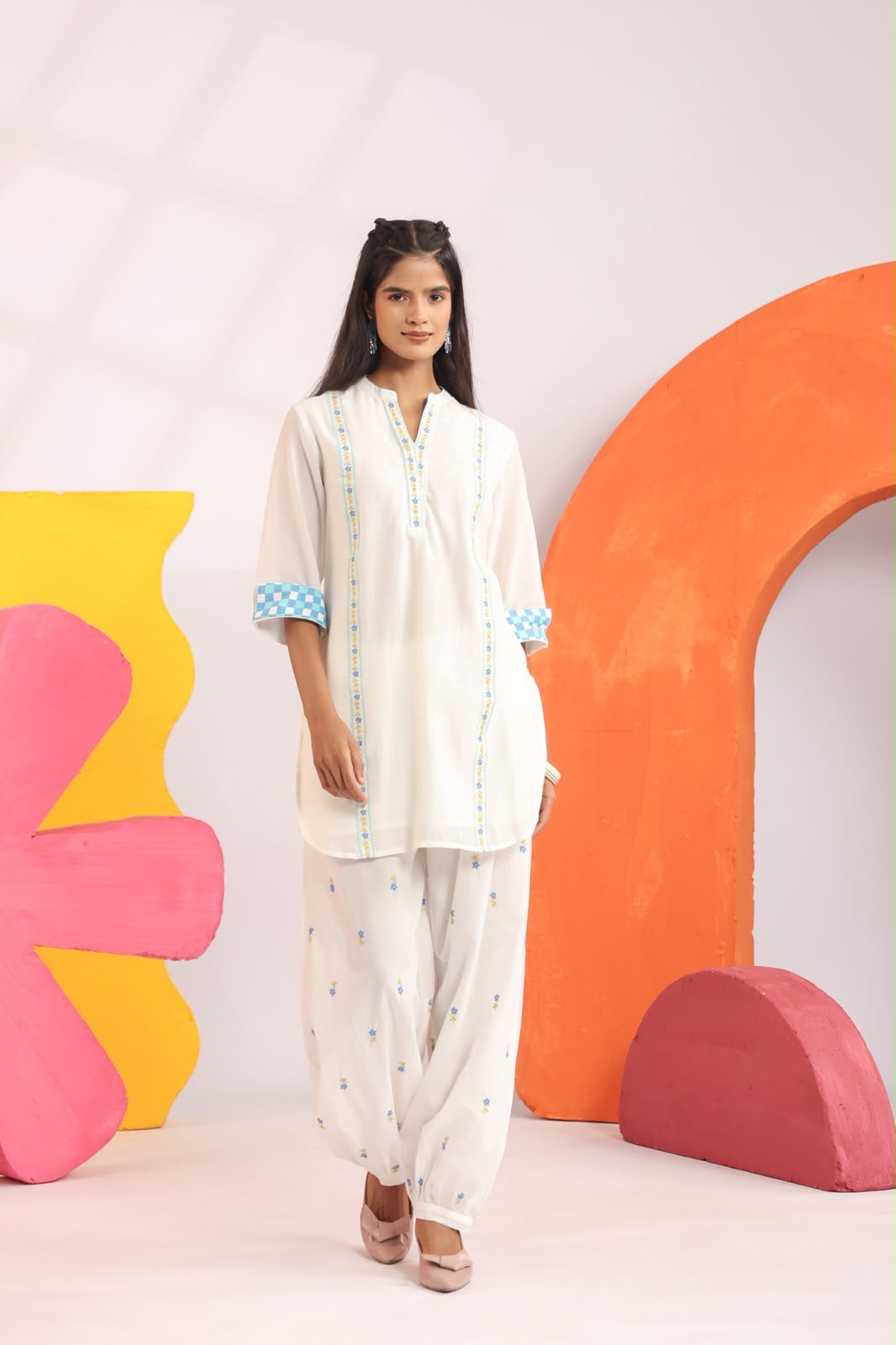 White Mul Cotton Embroidered Kurta for Women