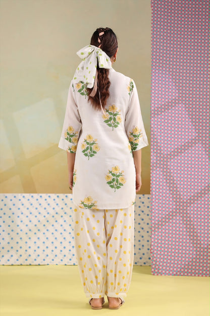 White Floral Cotton Kurta with Printed Farsi Salwar