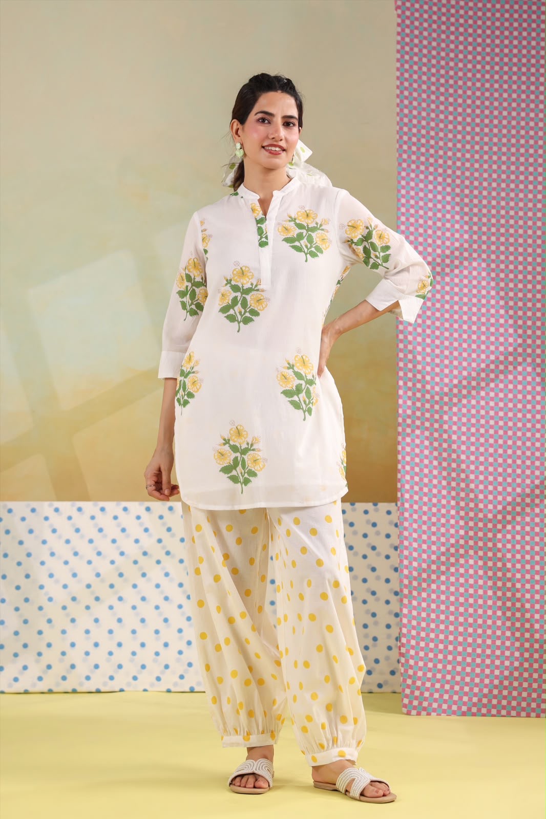White Floral Cotton Kurta with Printed Farsi Salwar