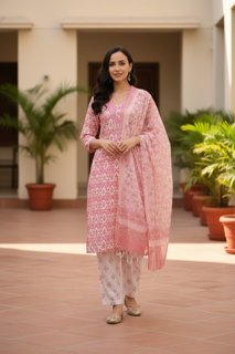 Blush Pink Printed Kurta Set with Dupatta