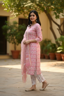 Blush Pink Printed Kurta Set with Dupatta