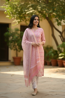 Blush Pink Printed Kurta Set with Dupatta