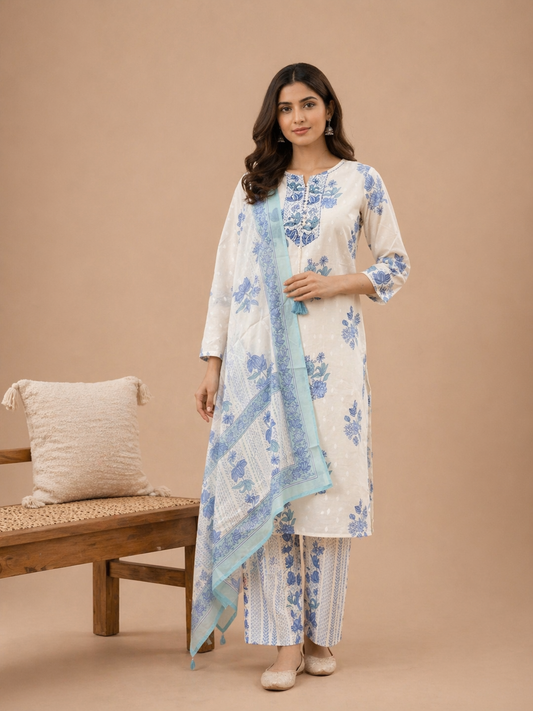 Ivory & Blue Floral Printed Kurta Set with Dupatta