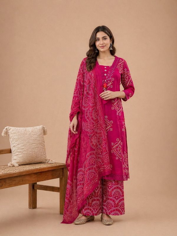 Rani Pink Bandhani Printed Kurta Set with Dupatta