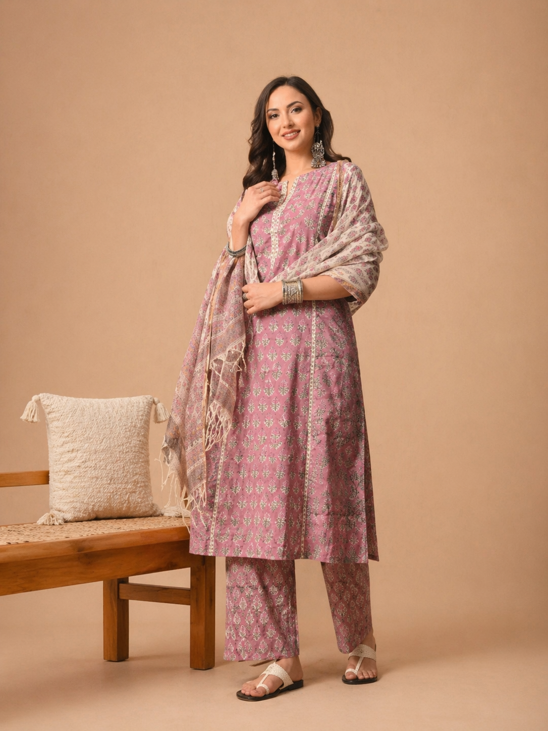 Dusty Rose Printed Kurta Set with Dupatta
