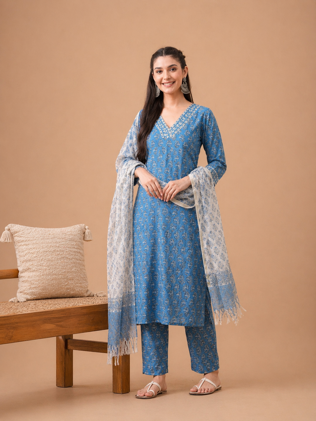 Blue Printed Kurta Set with Dupatta