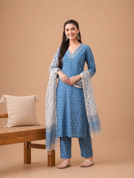 Blue Printed Kurta Set with Dupatta