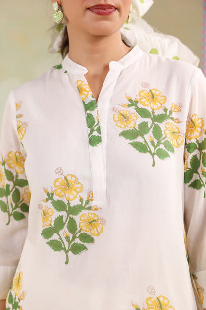 White Floral Cotton Kurta with Printed Farsi Salwar