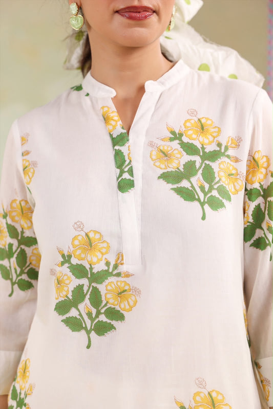 White Floral Cotton Kurta with Printed Farsi Salwar